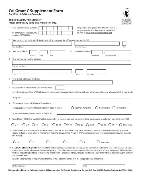 Cal Grant C Supplement Form - CSAC California Student Aid 