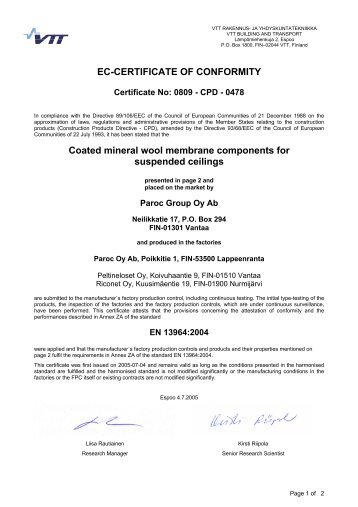 EC-CERTIFICATE OF CONFORMITY Coated mineral ... - Paroc.com