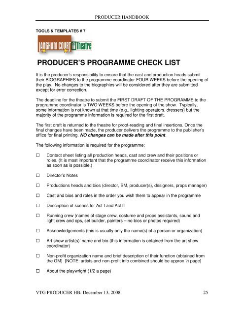 PRODUCER HANDBOOK - Langham Court Theatre