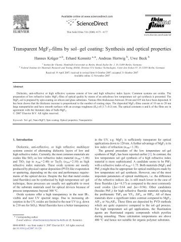 Transparent MgF2-films by solâgel coating: Synthesis and optical ...