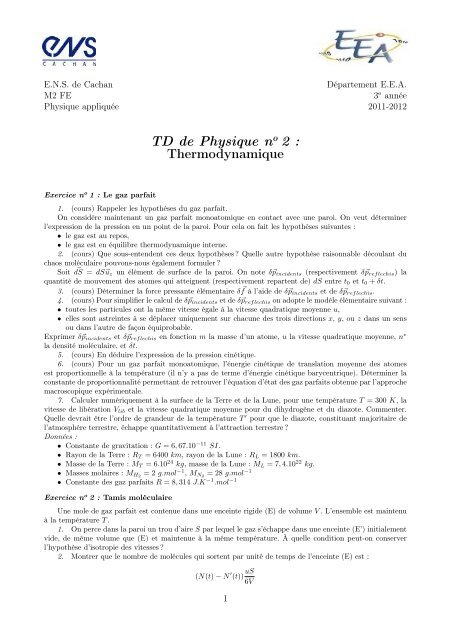 TD de Physique no 2 : Thermodynamique