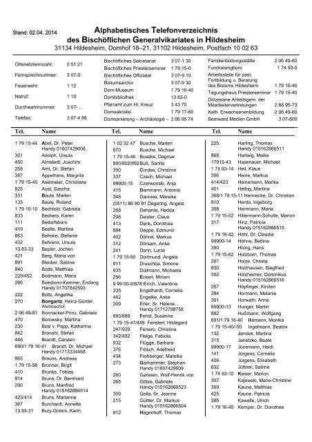 Alphabetisches Telefonverzeichnis - Bistum Hildesheim