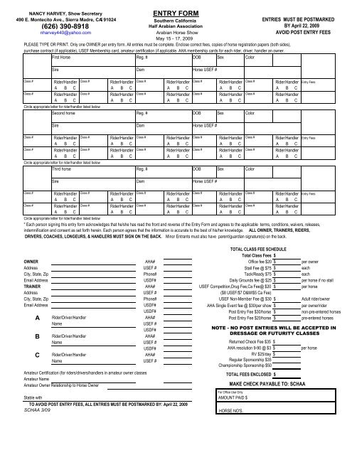 ENTRY FORM (626) 390-8918 - Region 1 Arabian Horse Association