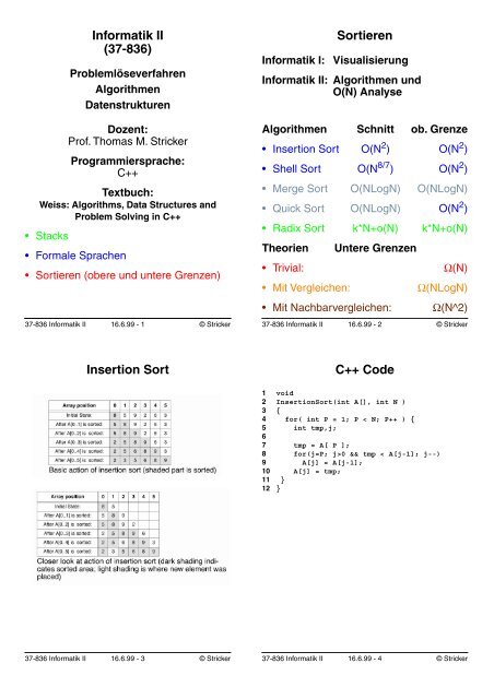 Informatik II (37-836) Sortieren Insertion Sort C++ Code