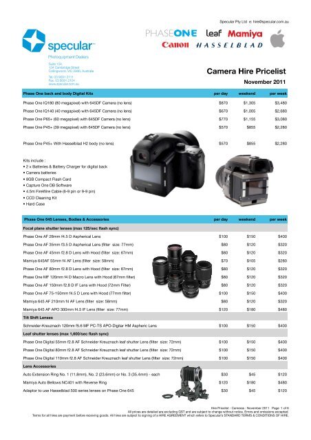 Camera Hire Pricelist - Specular