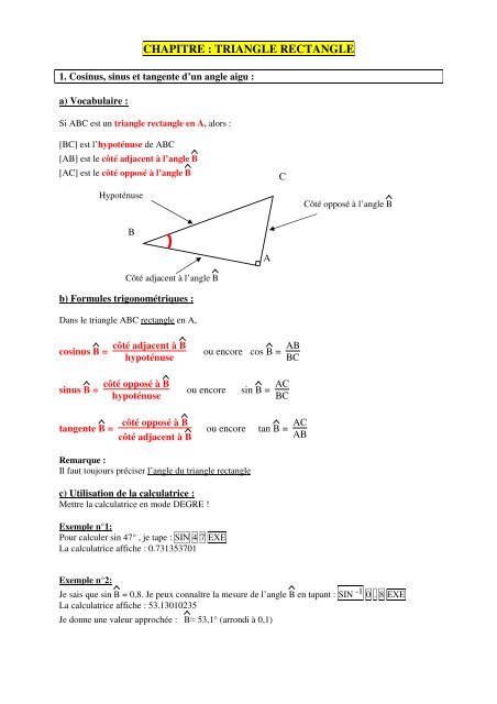 CHAPITRE : TRIANGLE RECTANGLE