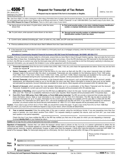 Form 4506-T (Rev. January 2012) - Monadnock Community Hospital