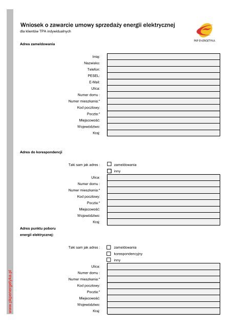 Wniosek o zawarcie umowy sprzedaÅ¼y energii ... - PKP Energetyka