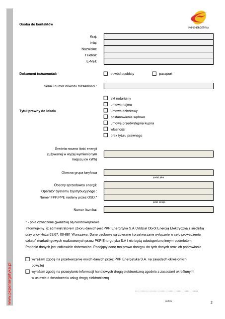 Wniosek o zawarcie umowy sprzedaÅ¼y energii ... - PKP Energetyka