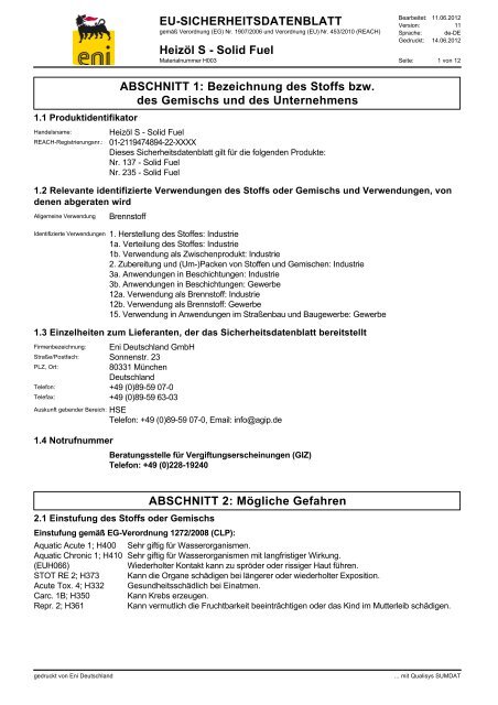 EU-SICHERHEITSDATENBLATT HeizÃ¶l S - Solid Fuel ABSCHNITT ...