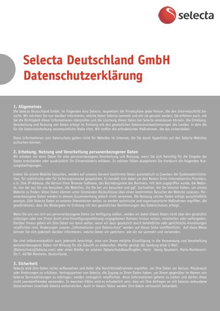 Selecta Deutschland GmbH DatenschutzerklÃƒÂ¤rung