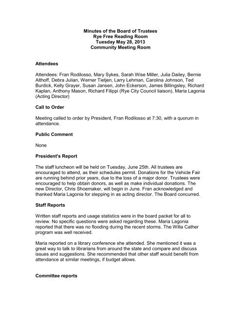 Minutes Of The Board Of Trustees Rye Free Reading Room
