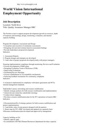 World Vision International Employment Opportunity Job Description