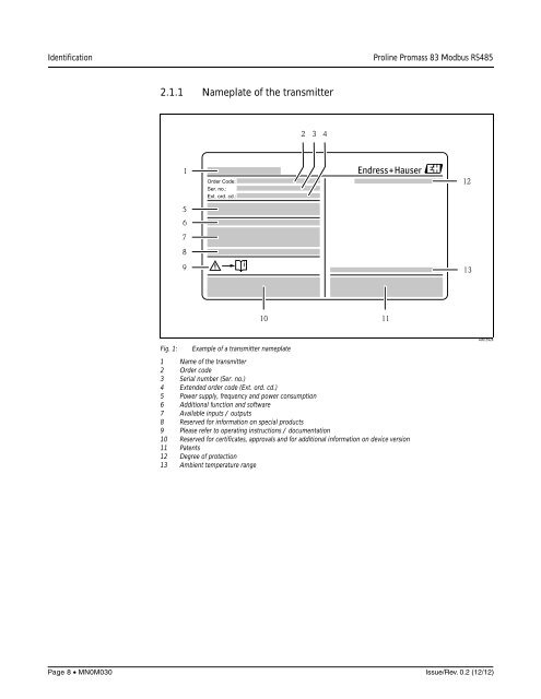 Proline Promass 83E/F/O Modbus RS485 Operating Instructions