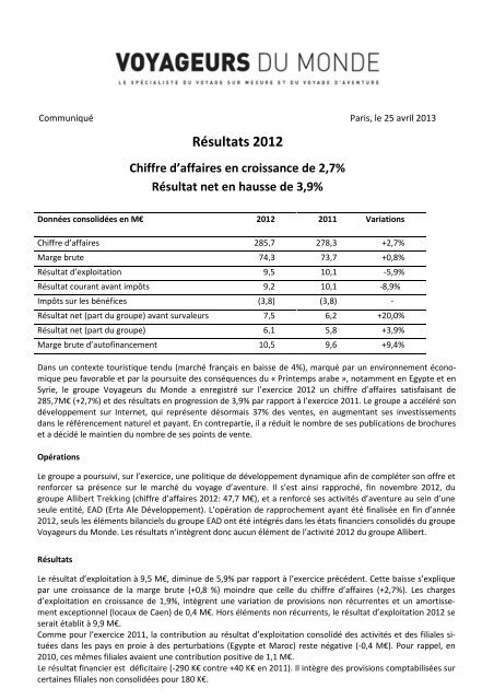 CommuniquÃ© RÃ©sultats Annuels 2012 - Voyageurs du Monde