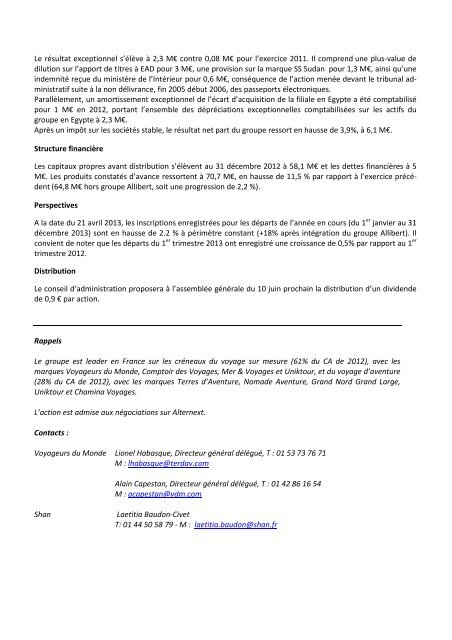 CommuniquÃ© RÃ©sultats Annuels 2012 - Voyageurs du Monde