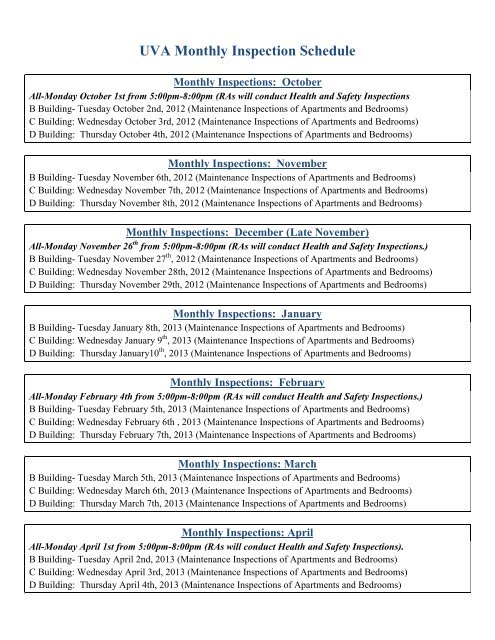 UVA Monthly Inspection Schedule - edr property operations