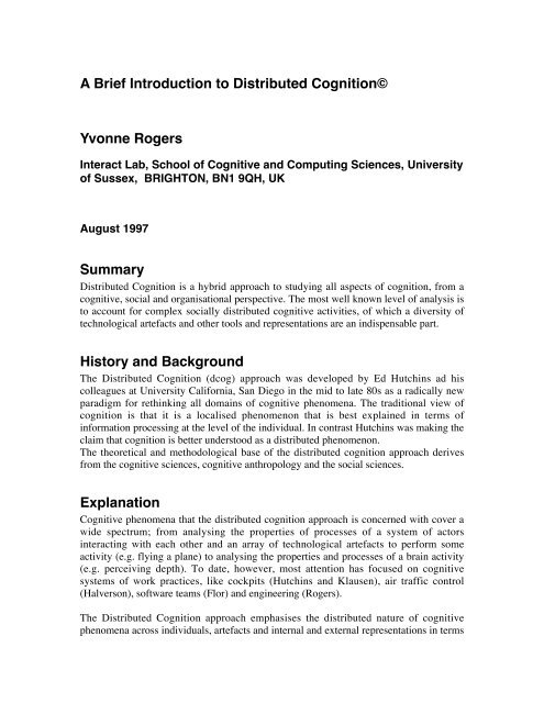 A Brief Introduction to Distributed CognitionÂ© Yvonne Rogers ...