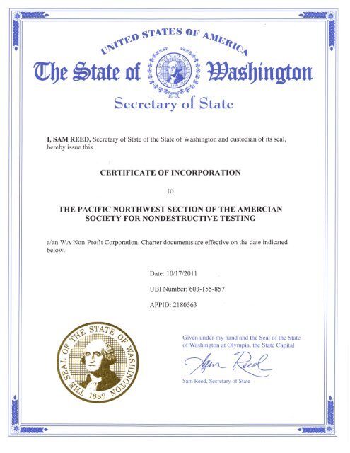 Certificate of Incorporation - ASNT Pacific Northwest Section