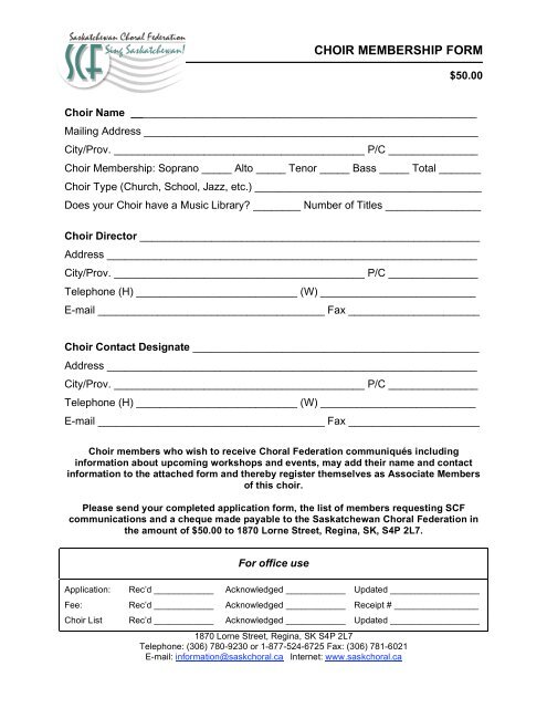 CHOIR MEMBERSHIP FORM - Saskatchewan Choral Federation