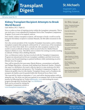 Transplant Digest - Fall 2012, issue 13 - St. Michael's Hospital