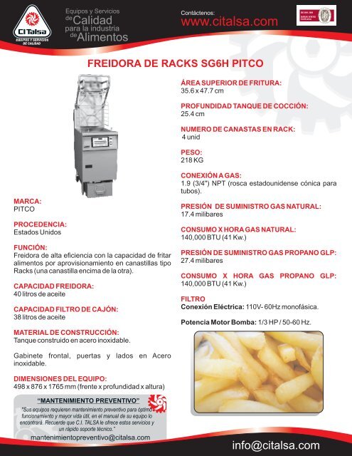 freidora de racks sg6h pitco [15601003] - Citalsa