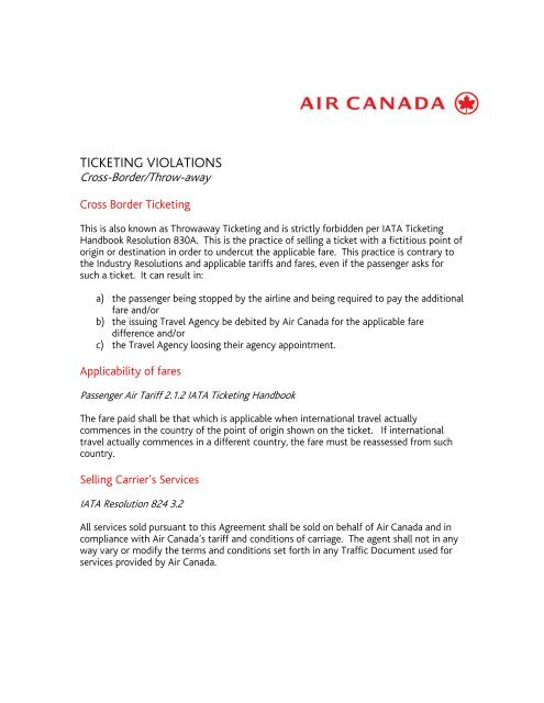 TICKETING VIOLATIONS Cross-Border/Throw-away - Air Canada