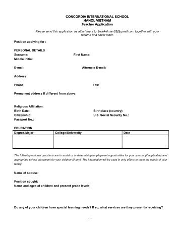 Teacher application form - Concordia International School Hanoi