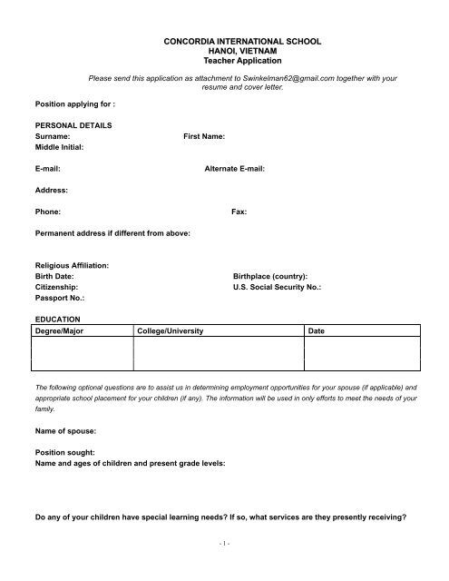 Teacher application form - Concordia International School Hanoi