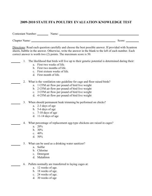 Poultry Evaluation Test and Answer Key - NC FFA