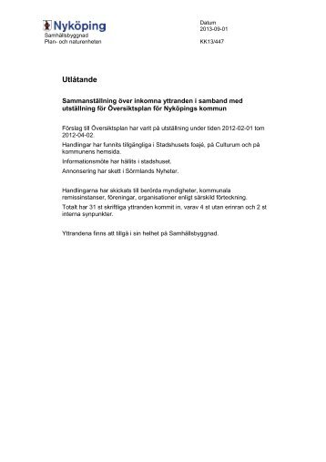 UtlÃ¥tande- UtstÃ¤llning Ã–versiktsplan fÃ¶r NykÃ¶pings komun