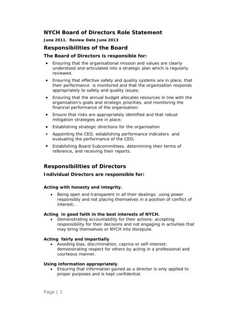 NYCH Board of Directors Role Statement Responsibilities of the ...