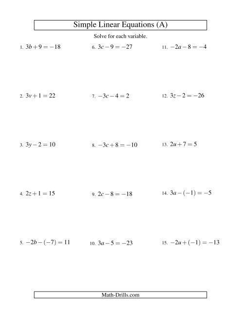 Algebra Worksheet -- Solving Linear Equations (Including Negative 