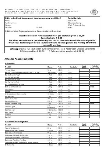 Aktueller Bestellschein - Innsbruck Serles - Bauernkiste