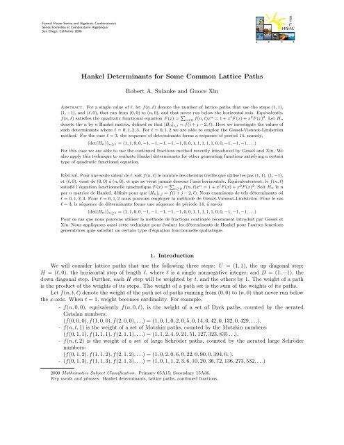 Hankel Determinants for Some Common Lattice Paths - garsia at york