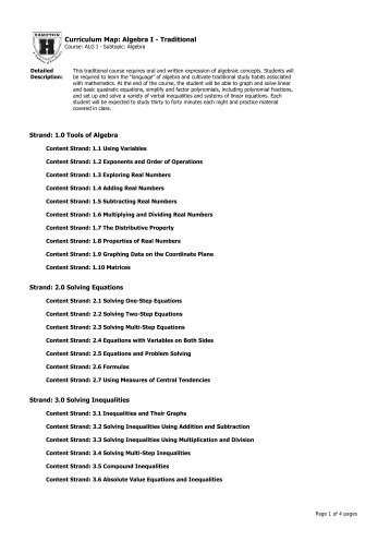 Curriculum Map: Algebra I Traditional