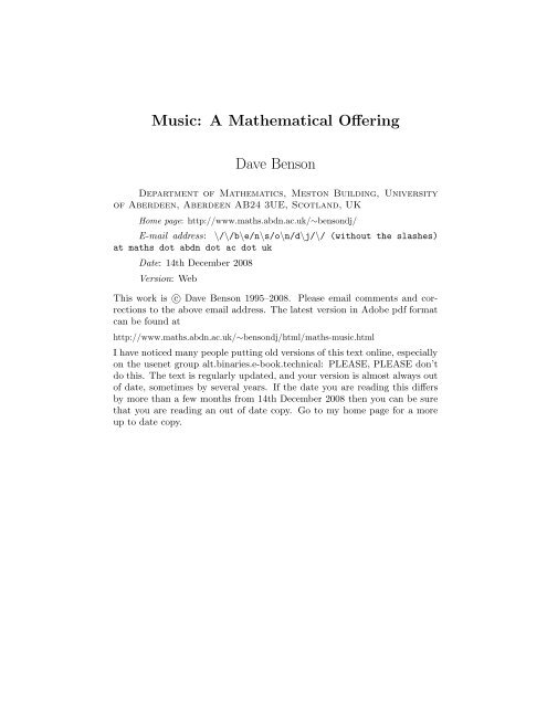 Music: A Mathematical Offering Dave Benson - University of Aberdeen