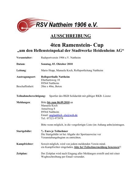 AUSSCHREIBUNG 4ten Ramenstein- Cup - RSV Nattheim