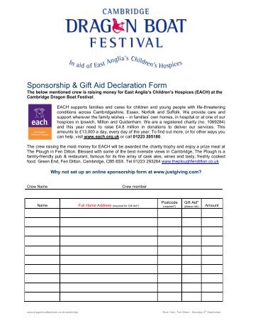 Sponsorship & Gift Aid Declaration Form - Dragon Boat Racing