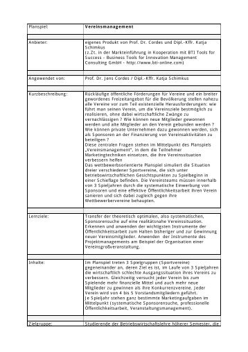 Planspiel: Vereinsmanagement Anbieter: eigenes Produkt von Prof ...