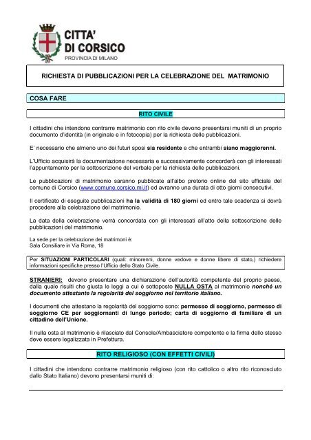 Richiesta Di Pubblicazioni Per La Celebrazione Del Matrimonio