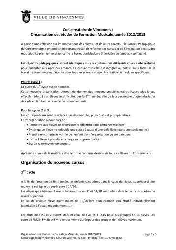 Organisation des Ã©tudes de Formation Musicale, annÃ©e 2012