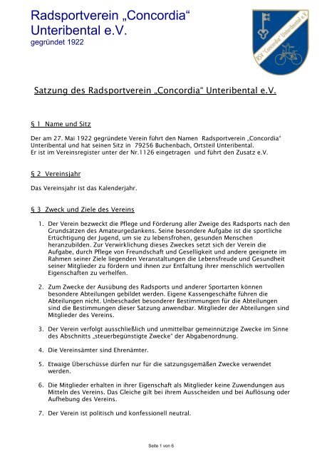Satzung des RSV-Unteribental - Radsportverein "Concordia ...