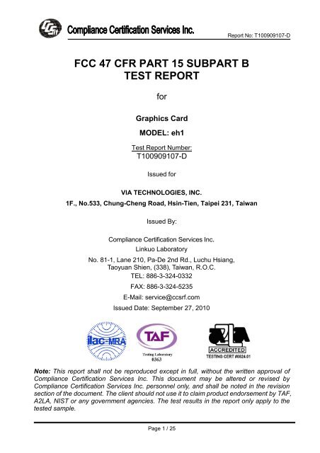FCC 47 CFR PART 15 SUBPART B TEST REPORT