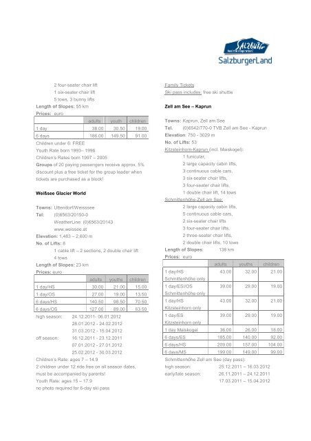 Ski Pass Rates 2010/11 Town Tel. of Tourist Office Ski Pass – Ski ...