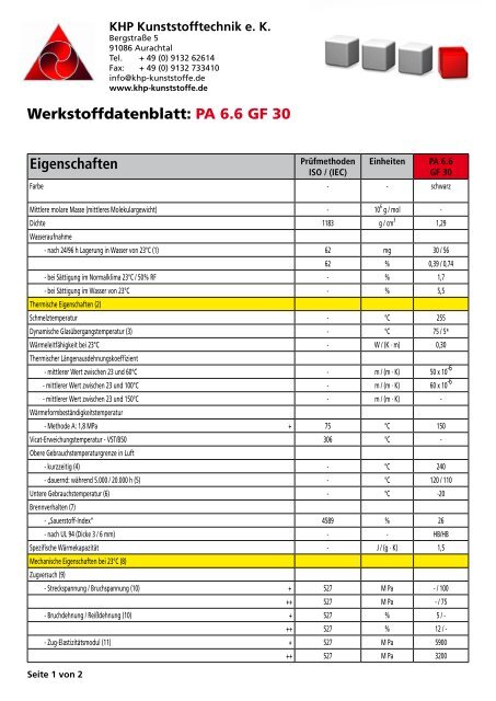 Eigenschaften Werkstoffdatenblatt: PA 6.6 GF 30 - Khp-kunststoffe.de