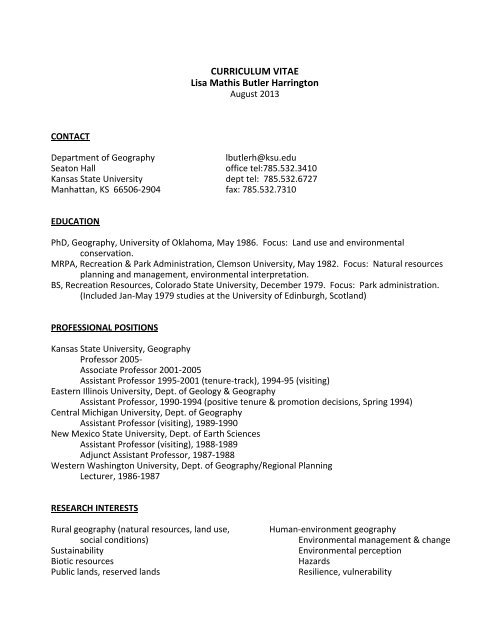 CURRICULUM VITAE Lisa Mathis Butler Harrington - Kansas State ...