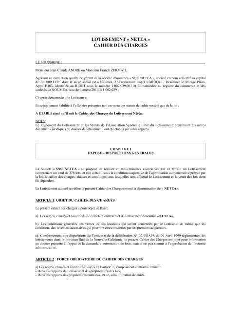 Cahier Des Charges Du Lotissement Imagine Promotion
