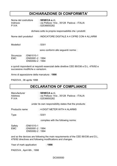 Dichiarazione Di Conformita' Declaration Of Compliance - Merkantile