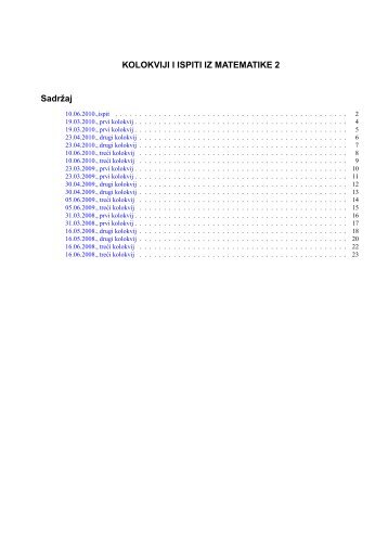 KOLOKVIJI I ISPITI IZ MATEMATIKE 2 SadrÅ¾aj - FSB